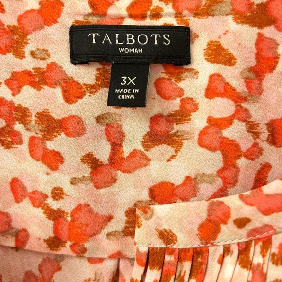 Talbots Woman 3X Orange Abstract Floral Pintuck Split Neck Blouse Long Sleeve - Picture 8 of 16